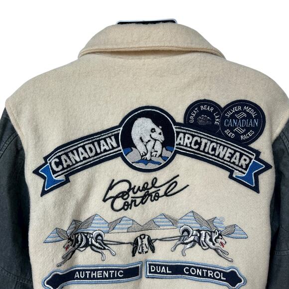 Vintage Dual Control Bomber Jacket Cream Blue Polar Bear Coat Womens Size Medium - Picture 9 of 14